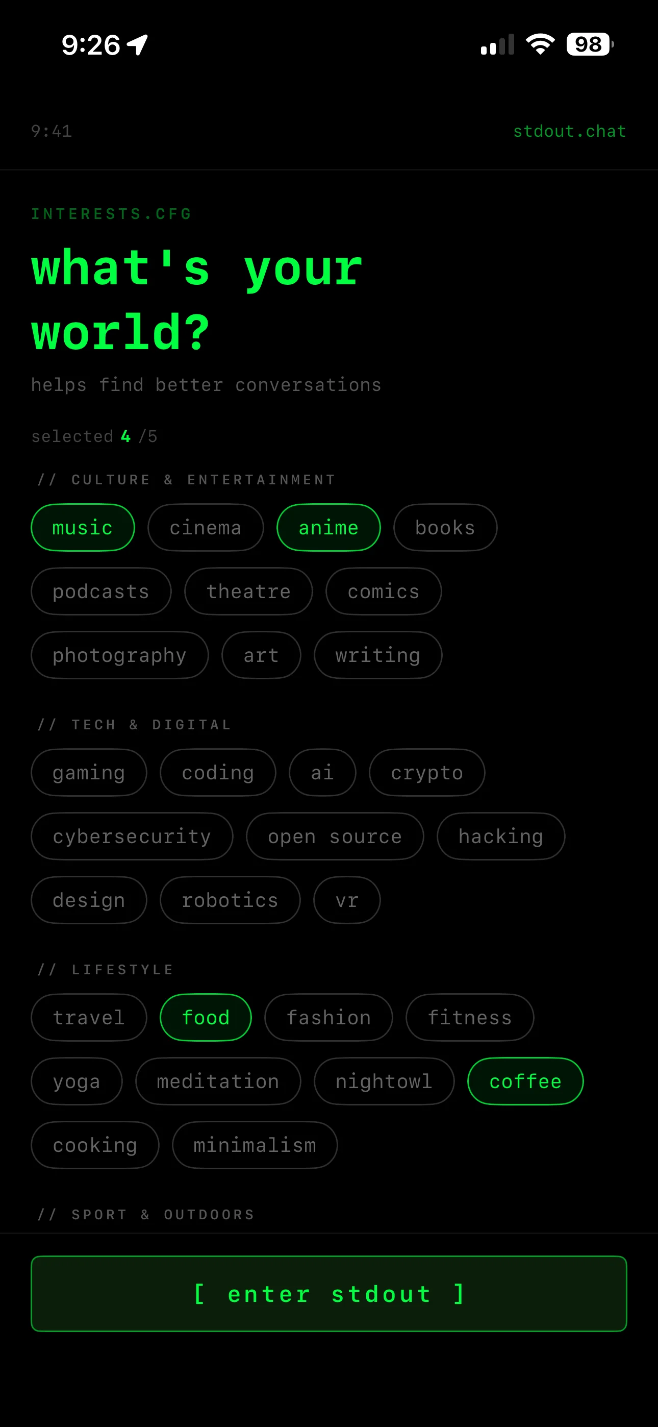 Picking up to five interests in stdout.chat, a text-only chat app for meeting new people on iOS