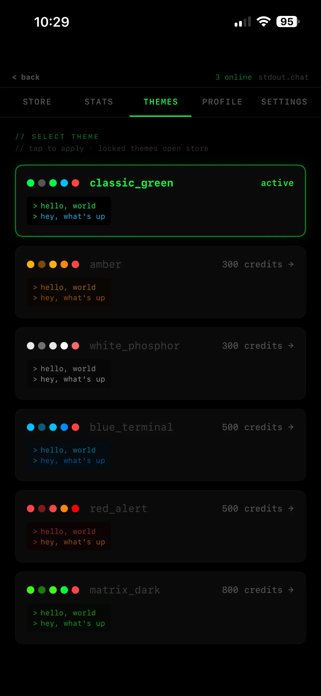 Terminal color themes in stdout.chat: classic green, amber and white phosphor monospace chat on iPhone