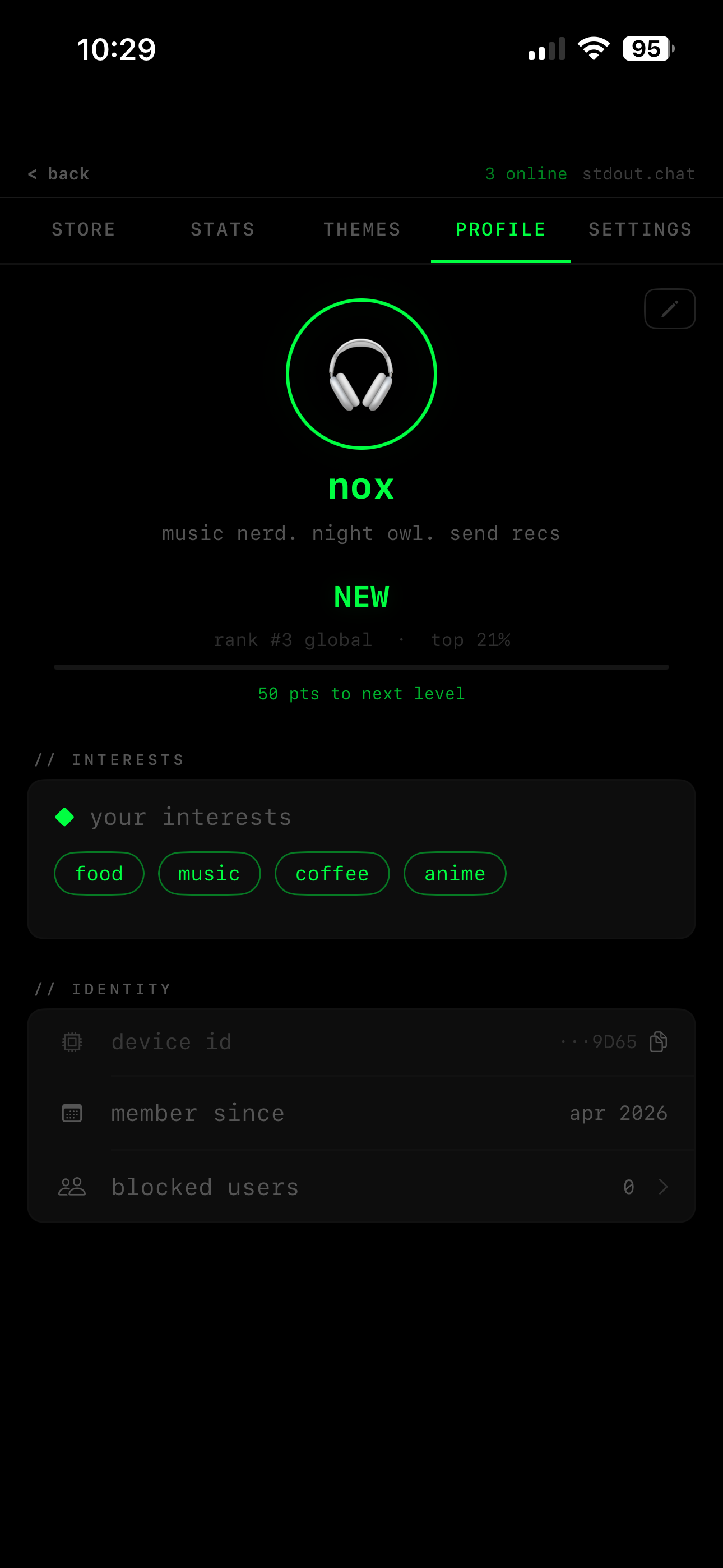 Profile and rank screen